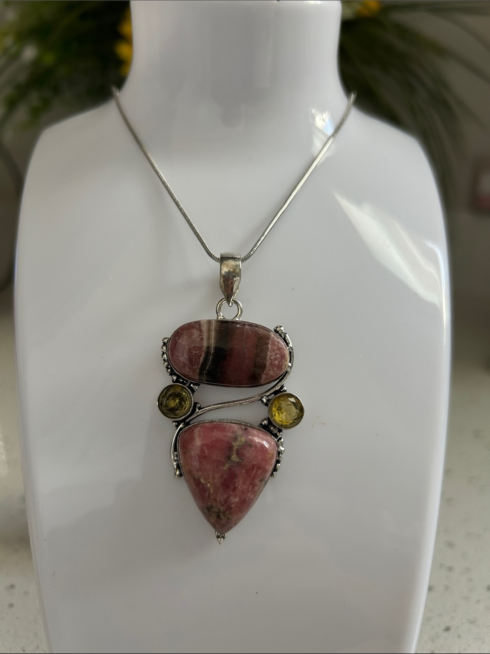 Pink Rhodochrosite & Citrine Sterling Silver Gemstone Pendant Necklace